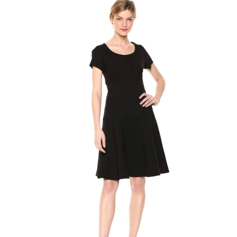 Three Dots Tiered A-Line Cap Sleeve Ponte Knit Dress Black Size Small